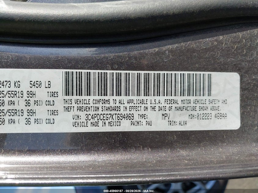 DODGE JOURNEY 2019 VIN 3C4PDCEG7KT694069