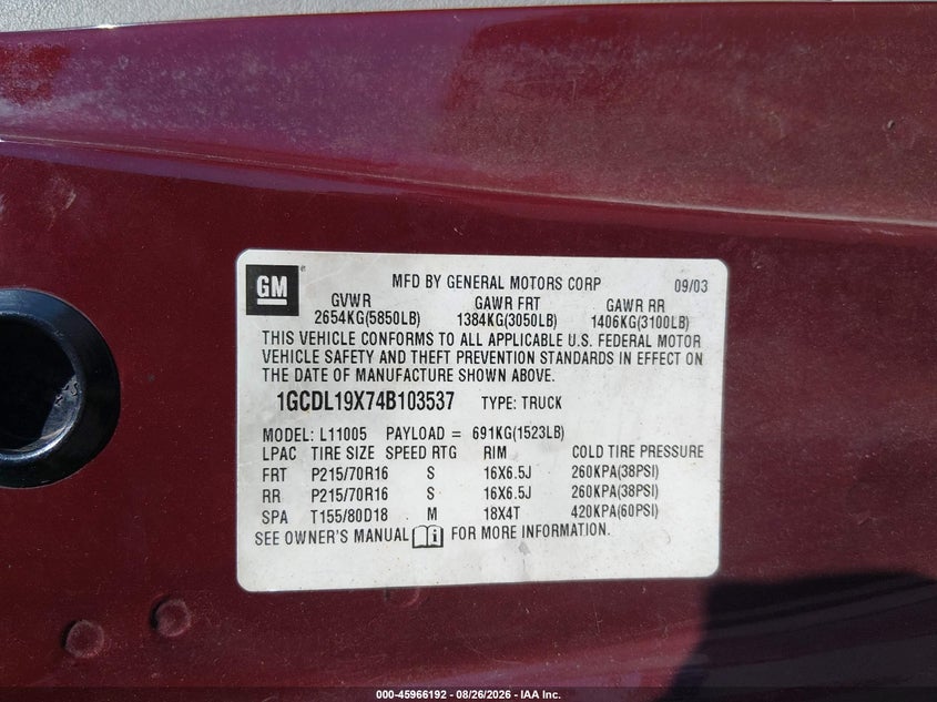 CHEVROLET ASTRO 2004 VIN 1GCDL19X74B103537