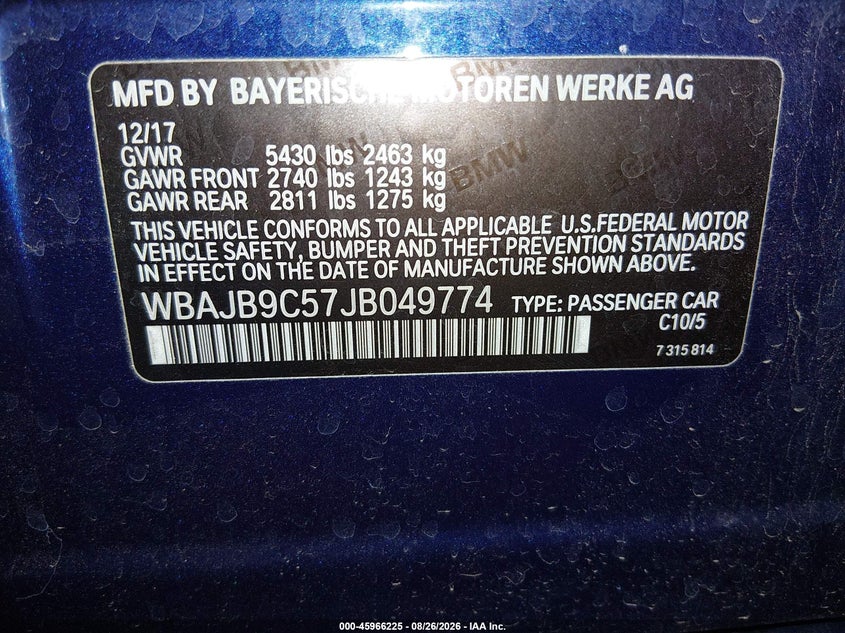 BMW M550I 2018 VIN WBAJB9C57JB049774