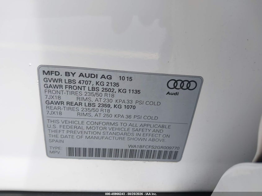 AUDI Q3 2016 VIN WA1BFCFS2GR009770