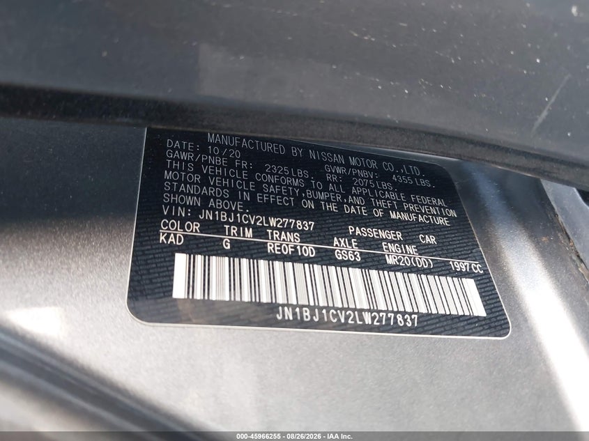 NISSAN ROGUE SPORT 2020 VIN JN1BJ1CV2LW277837