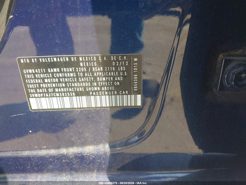 VOLKSWAGEN JETTA 2012 VIN 3VWDP7AJ7CM382538