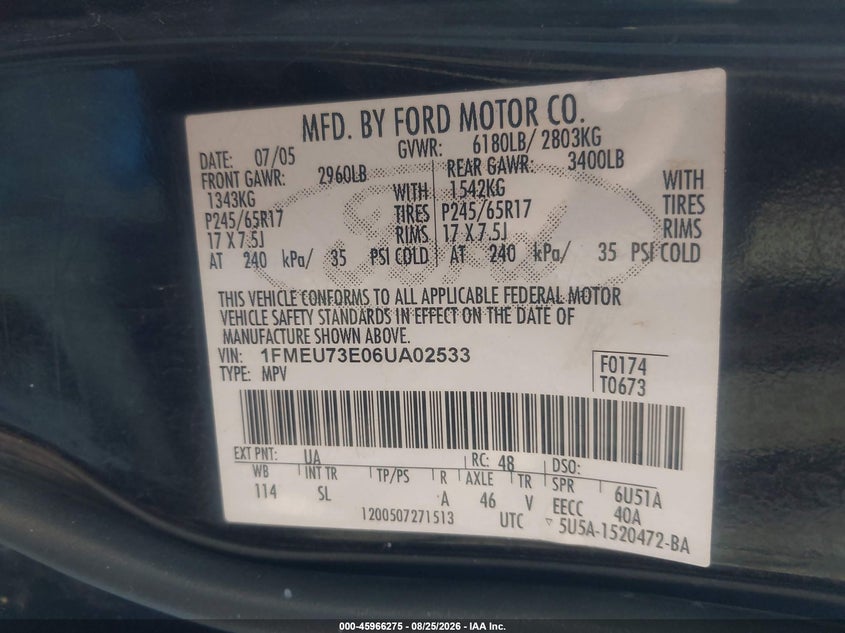 FORD EXPLORER 2006 VIN 1FMEU73E06UA02533