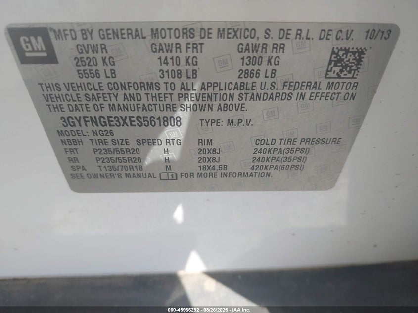 CADILLAC SRX 2014 VIN 3GYFNGE3XES561808