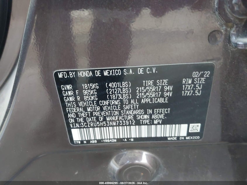 HONDA HR-V 2022 VIN 3CZRU5H53NM733912