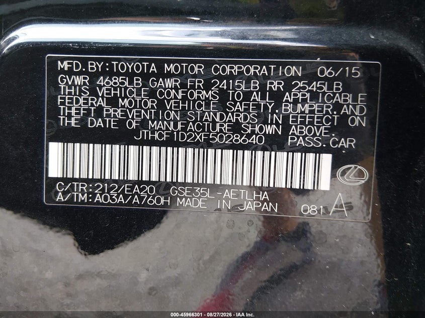 LEXUS IS 250 2015 VIN JTHCF1D2XF5028640