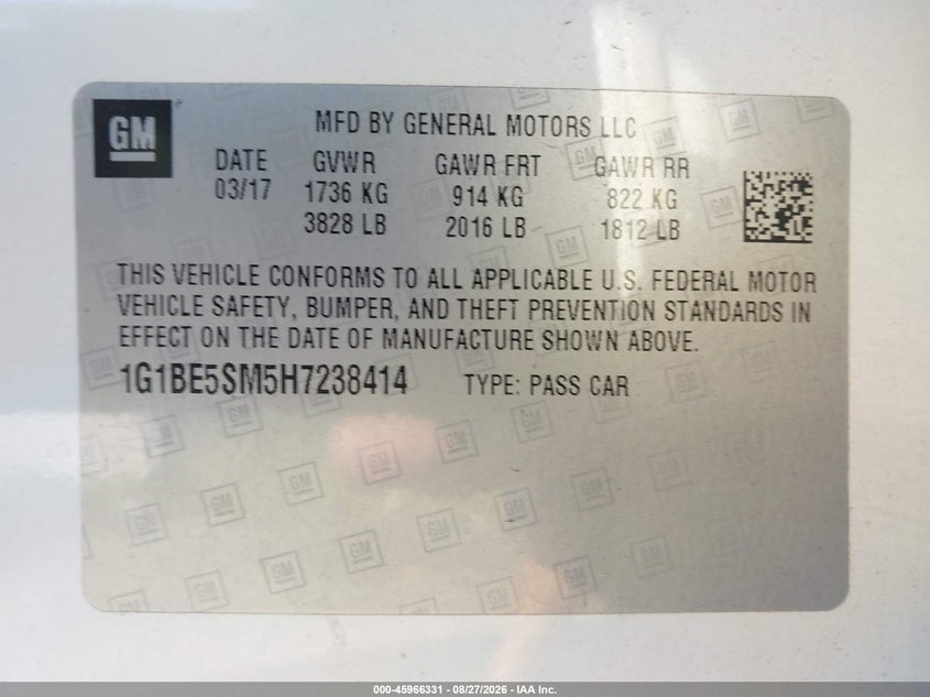 CHEVROLET CRUZE 2017 VIN 1G1BE5SM5H7238414