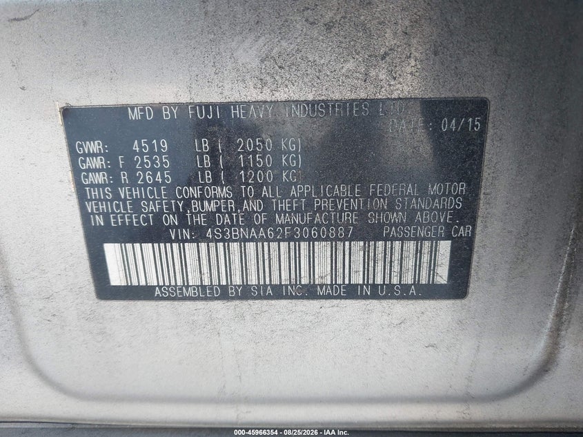 SUBARU LEGACY 2015 VIN 4S3BNAA62F3060887