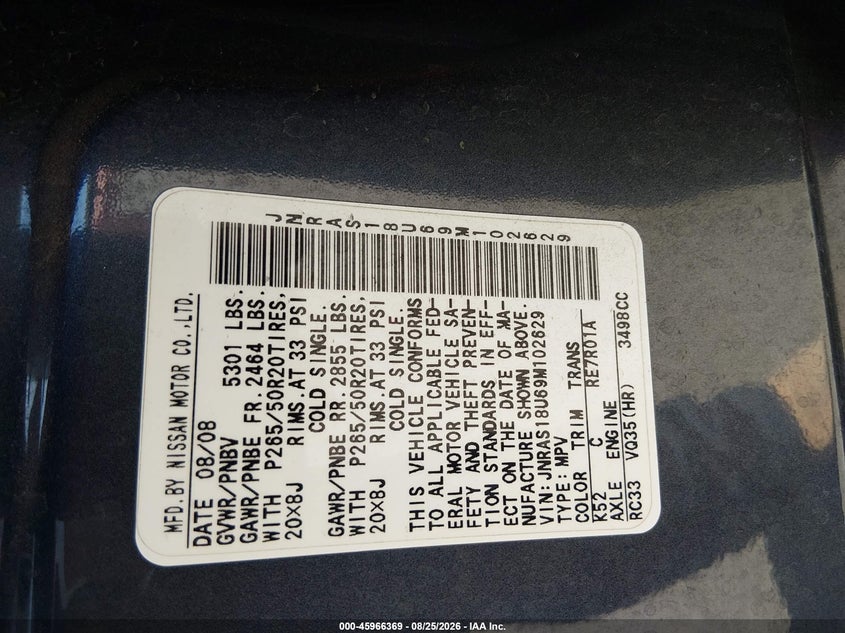 INFINITI FX35 2009 VIN JNRAS18U69M102629