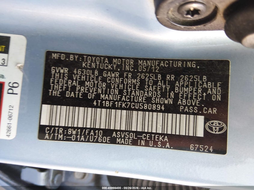 TOYOTA CAMRY 2012 VIN 4T1BF1FK7CU580894