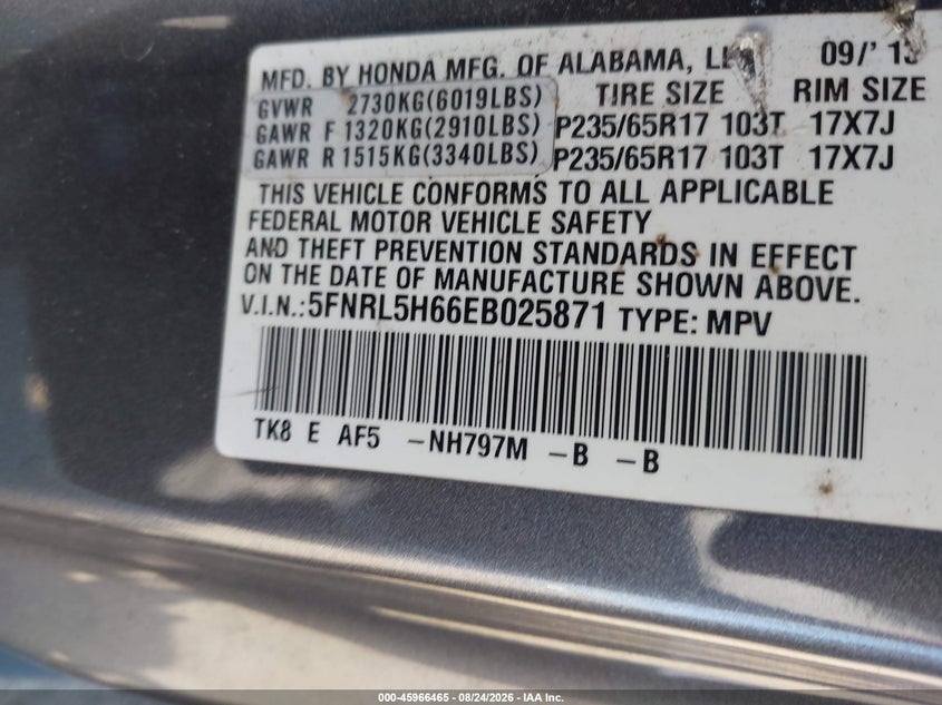 2014 HONDA ODYSSEY VAN 3.5L V-6 VVT, 248HP