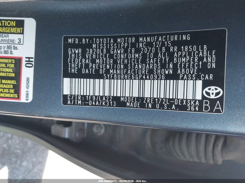 2016 TOYOTA COROLLA SEDAN 1.8L I-4 DOHC, VVT, REGULAR , 132HP