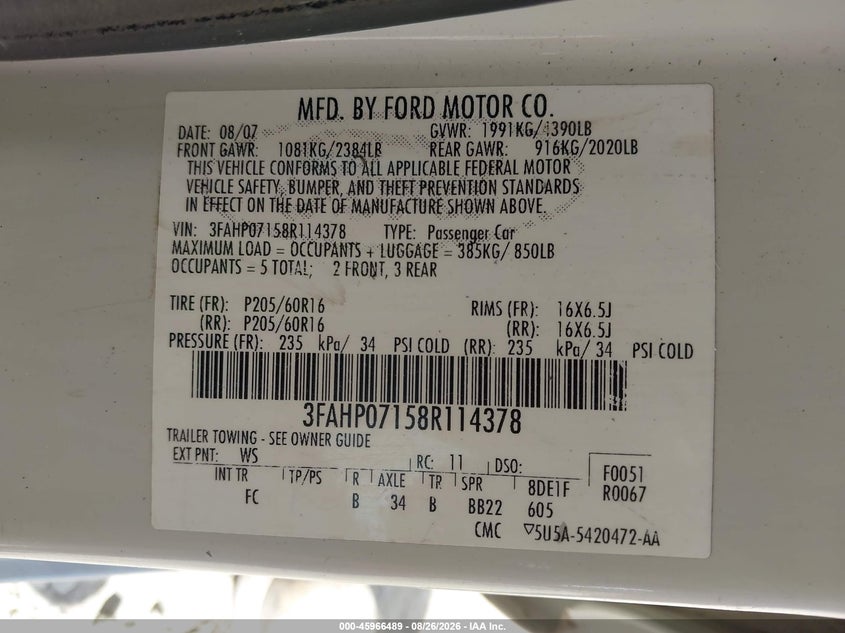 FORD FUSION 2008 VIN 3FAHP07158R114378