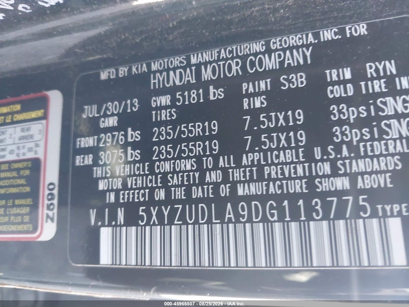 HYUNDAI SANTA FE 2013 VIN 5XYZUDLA9DG113775
