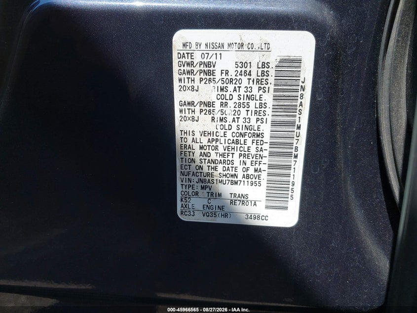 INFINITI FX35 2011 VIN JN8AS1MU7BM711955
