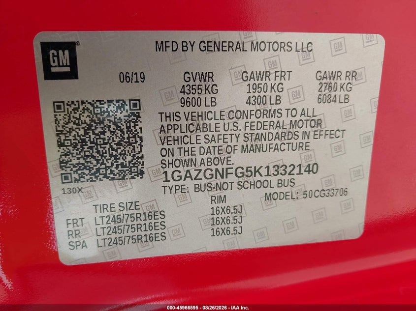 CHEVROLET EXPRESS 3500 2019 VIN 1GAZGNFG5K1332140