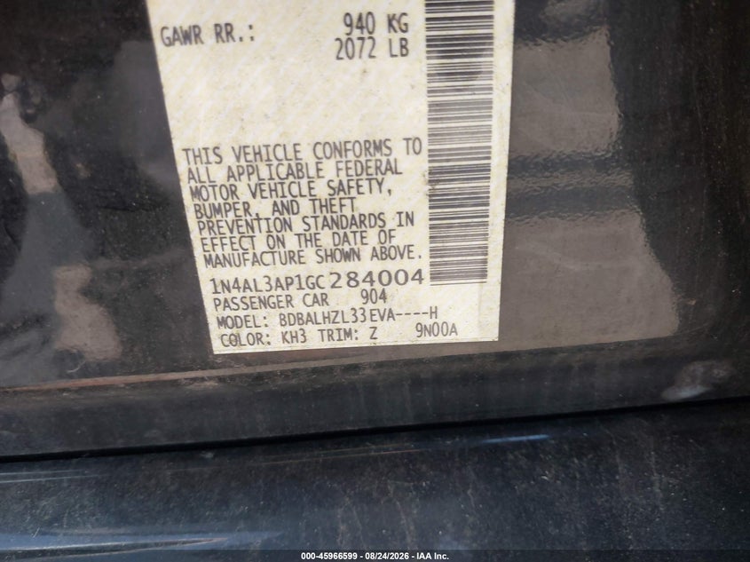 NISSAN ALTIMA 2016 VIN 1N4AL3AP1GC284004