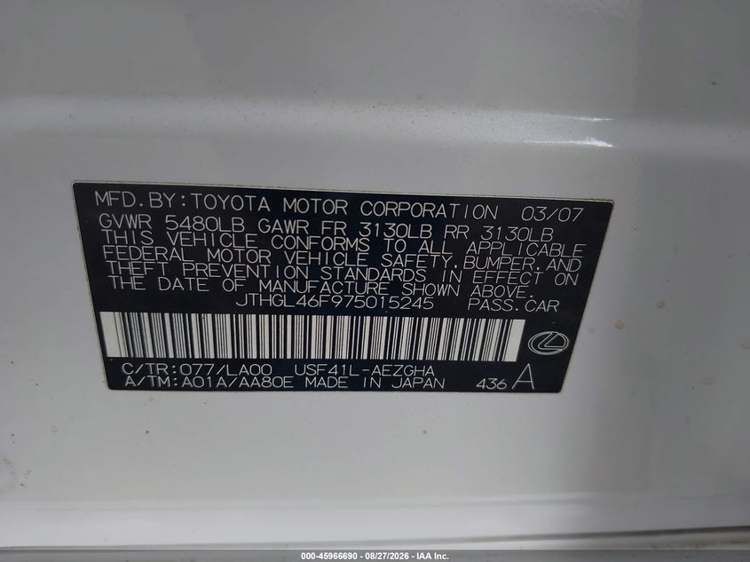 LEXUS LS 460 2007 VIN JTHGL46F975015245