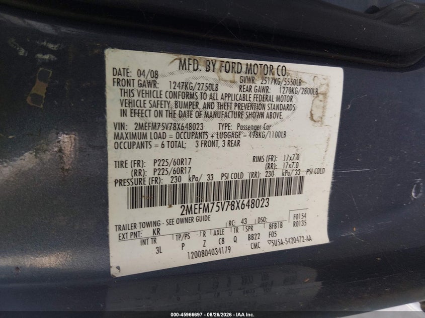 MERCURY GRAND MARQUIS 2008 VIN 2MEFM75V78X648023
