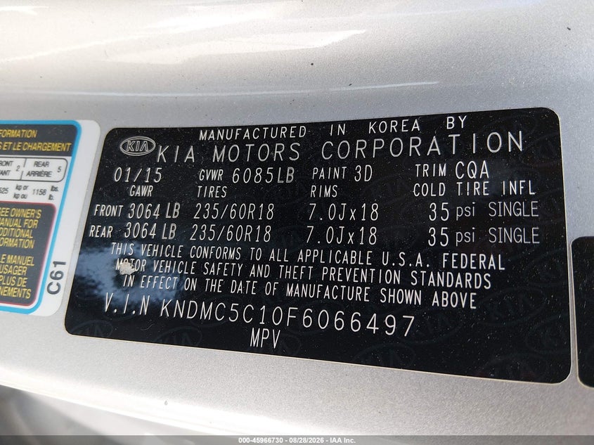 2015 KIA SEDONA VAN 3.3L V-6 DI, DOHC, VVT, 276HP