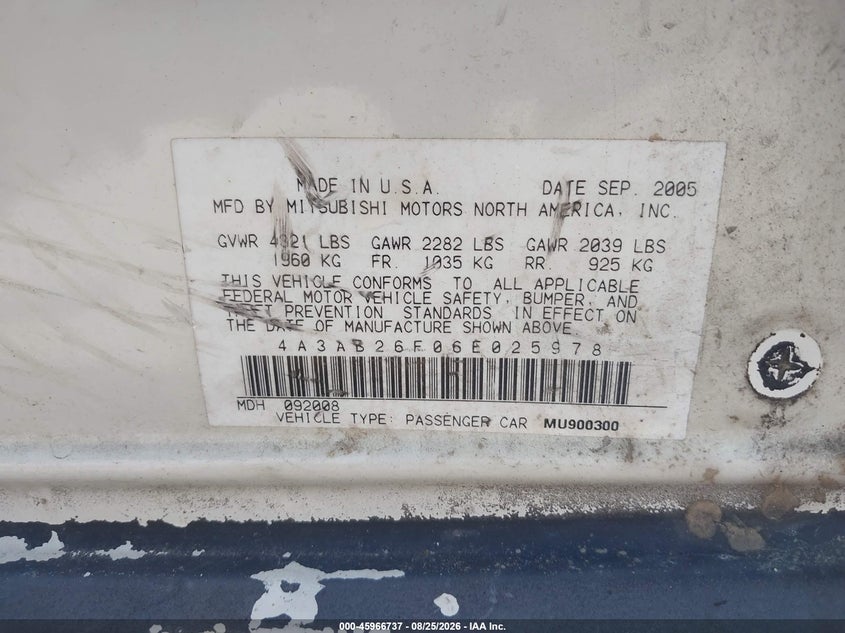 MITSUBISHI GALANT 2006 VIN 4A3AB26F06E025978