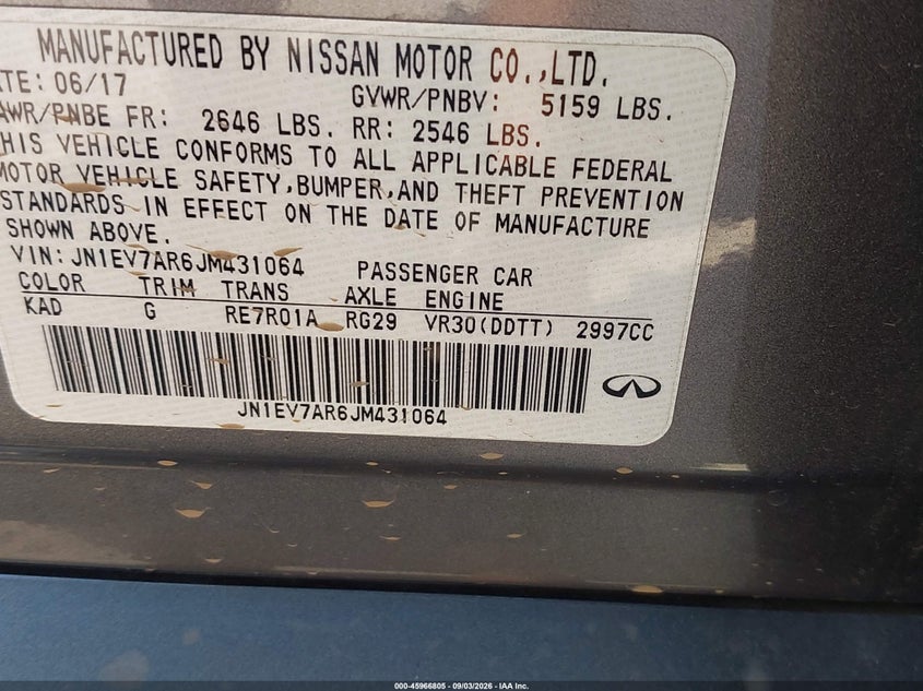 INFINITI Q50 2018 VIN JN1EV7AR6JM431064