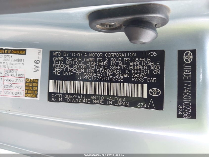 SCION TC 2006 VIN JTKDE177460102768