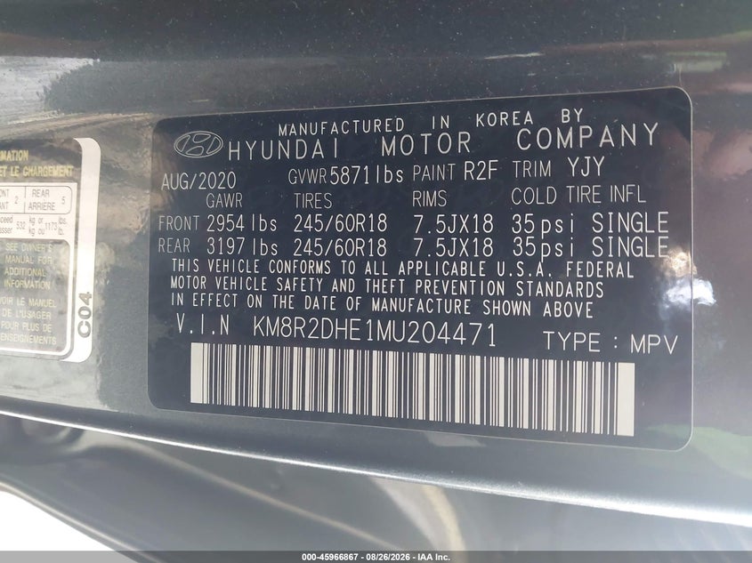 HYUNDAI PALISADE 2021 VIN KM8R2DHE1MU204471