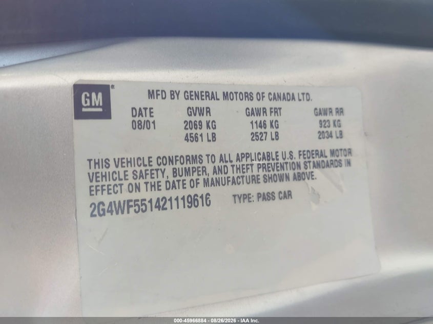 BUICK REGAL 2002 VIN 2G4WF551421119616