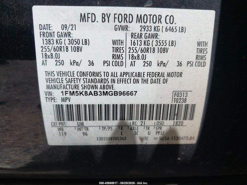 FORD POLICE INTERCEPTOR UTILITY 2021 VIN 1FM5K8AB3MGB96667