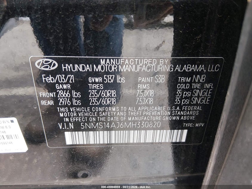 HYUNDAI SANTA FE 2021 VIN 5NMS14AJ6MH330820