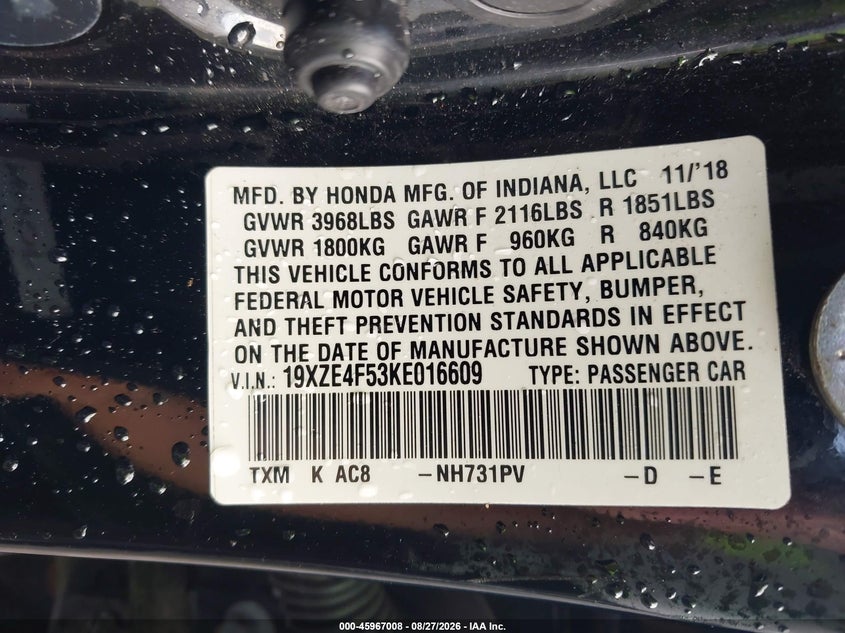 HONDA INSIGHT 2019 VIN 19XZE4F53KE016609