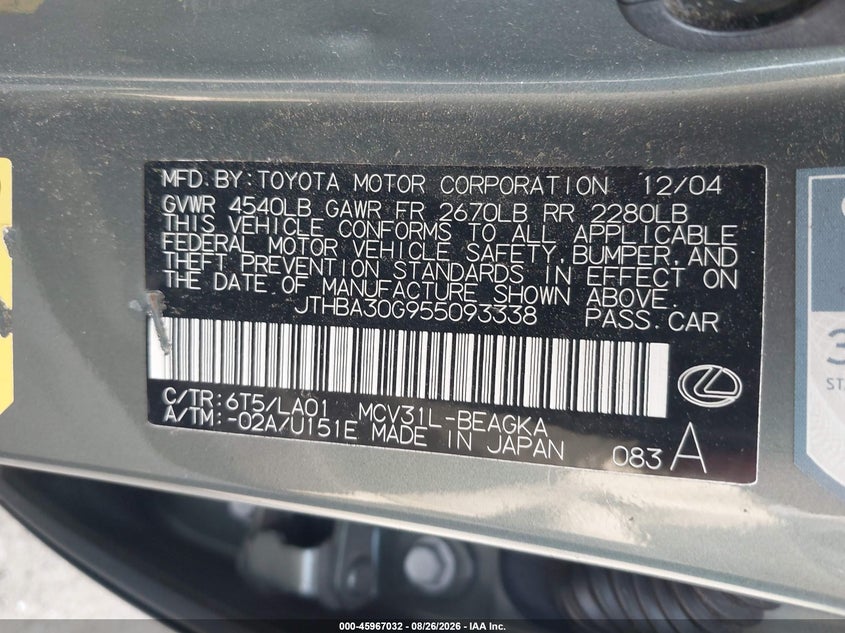 LEXUS ES 330 2005 VIN JTHBA30G955093338