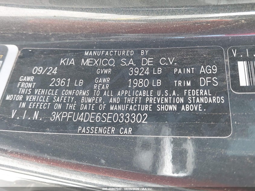 KIA K4 2025 VIN 3KPFU4DE6SE033302