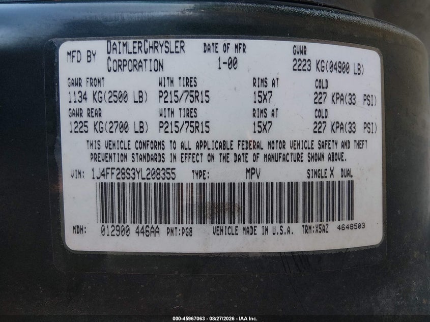 JEEP CHEROKEE 2000 VIN 1J4FF28S3YL208355