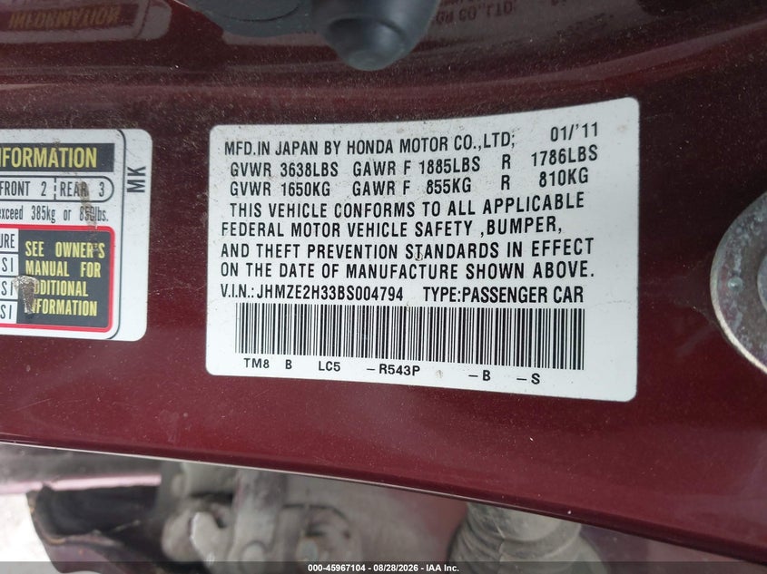 2011 HONDA INSIGHT HATCHBACK 1.3L I-4 VVT, 88HP