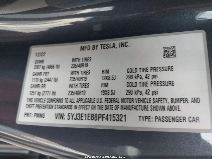 TESLA MODEL 3 2023 VIN 5YJ3E1EB8PF415321