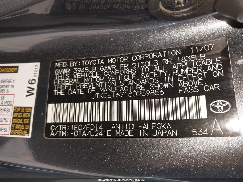 SCION TC 2008 VIN JTKDE167180259856
