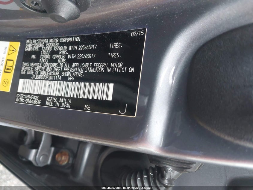 LEXUS NX 200T 2015 VIN JTJBARBZ2F2011114