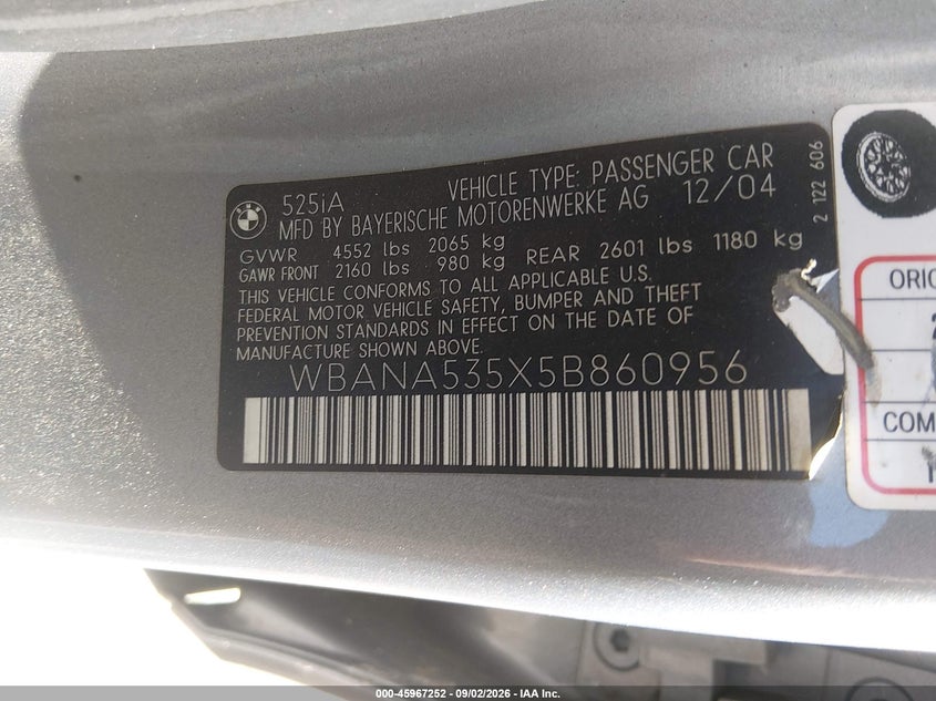 BMW 525I 2005 VIN WBANA535X5B860956