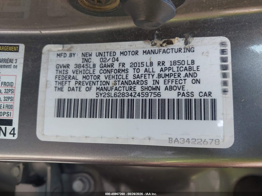 PONTIAC VIBE 2004 VIN 5Y2SL62834Z459756