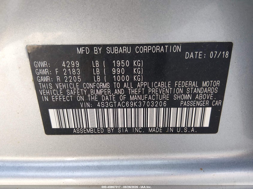 SUBARU IMPREZA 2019 VIN 4S3GTAC69K3703206
