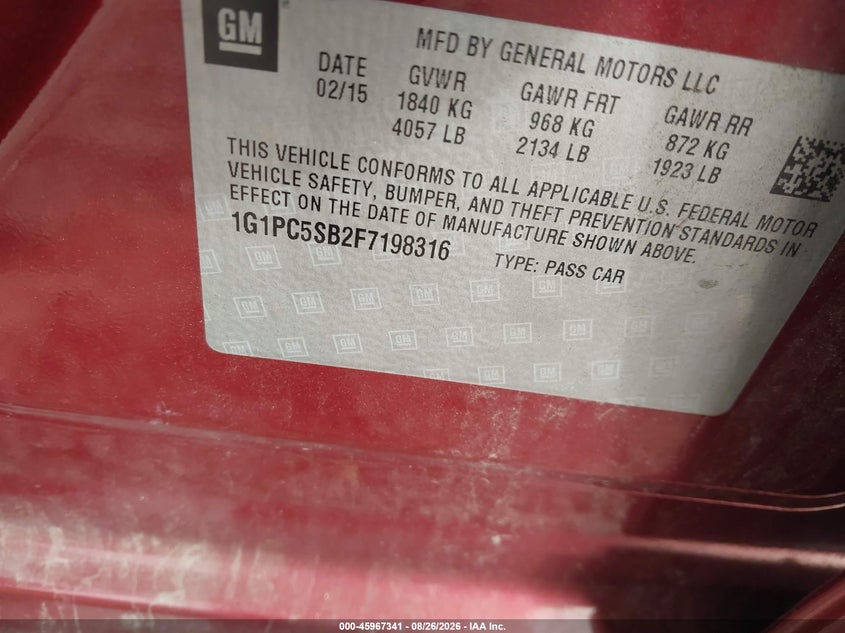 CHEVROLET CRUZE 2015 VIN 1G1PC5SB2F7198316