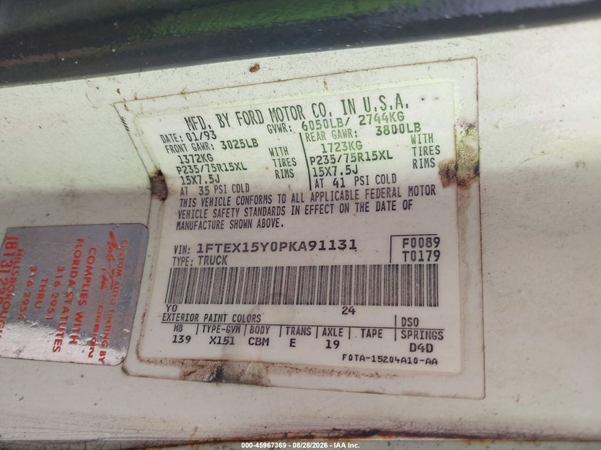 FORD F150 1993 VIN 1FTEX15Y0PKA91131