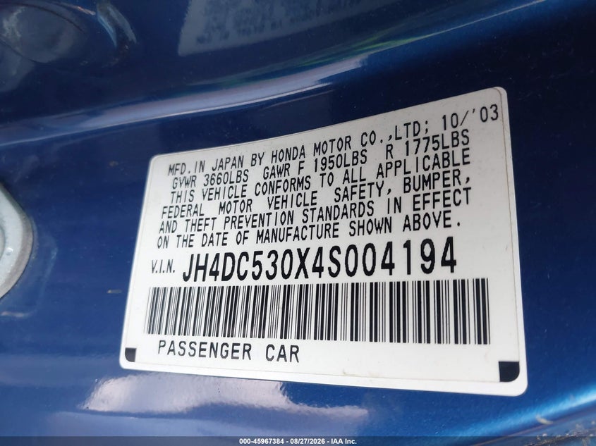 ACURA RSX 2004 VIN JH4DC530X4S004194
