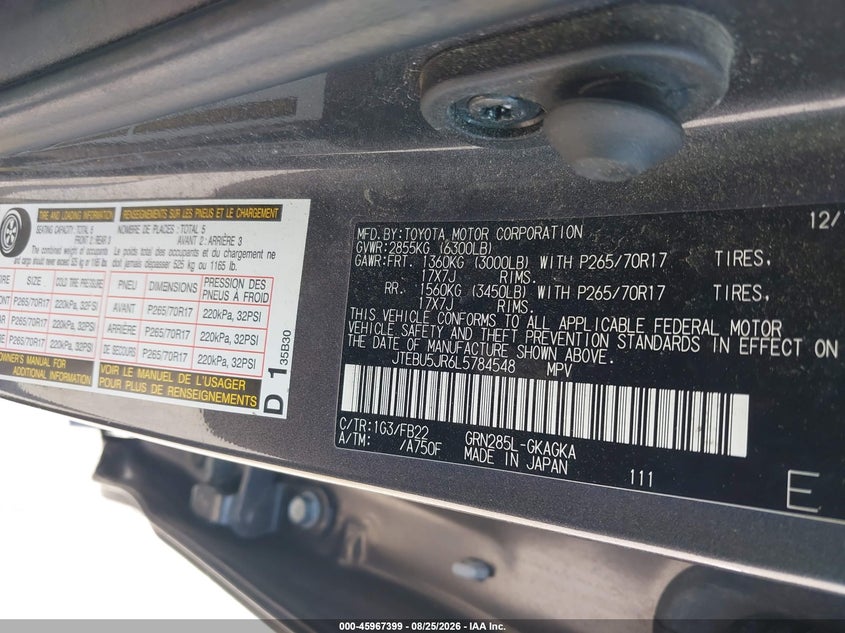 TOYOTA 4RUNNER 2020 VIN JTEBU5JR6L5784548