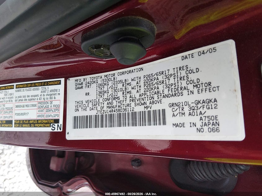 TOYOTA 4RUNNER 2005 VIN JTEZU14R458036112