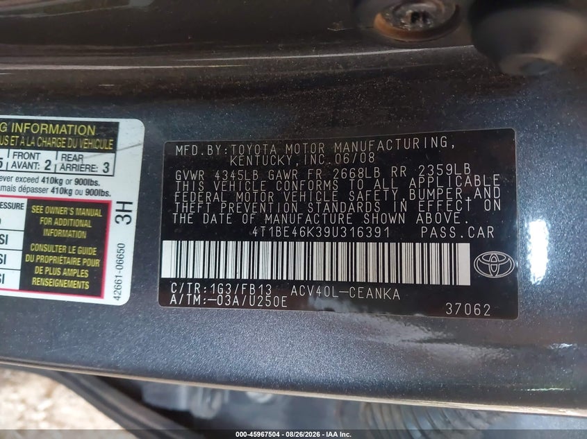 TOYOTA CAMRY 2009 VIN 4T1BE46K39U316391
