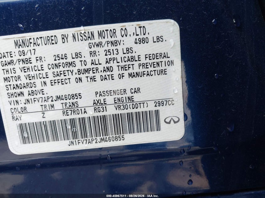 INFINITI Q50 2018 VIN JN1FV7AP2JM460855