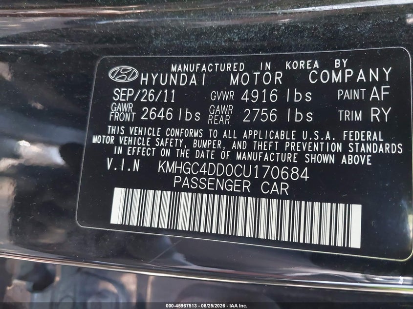 HYUNDAI GENESIS 2012 VIN KMHGC4DD0CU170684